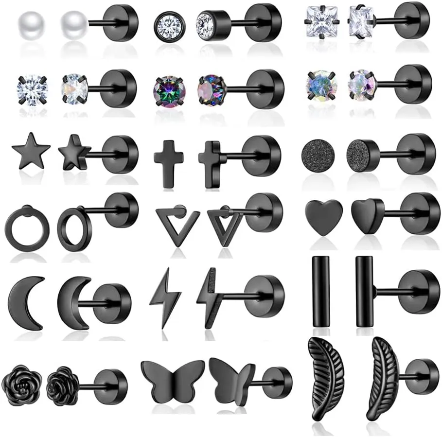 18 Pairs Samll Stud Earrings for Women Men 316L Surgical Stainless Steel Hypoallergenic Flatback Earrings Cubic Zirconia Earring Studs for Gilr,Black Silver Gold 20G Earrings for Cartilage Tragus Helix Lobe Conch Piercing Jewelry