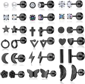 18 Pairs Samll Stud Earrings for Women Men 316L Surgical Stainless Steel Hypoallergenic Flatback Earrings Cubic Zirconia Earring Studs for Gilr,Black Silver Gold 20G Earrings for Cartilage Tragus Helix Lobe Conch Piercing Jewelry