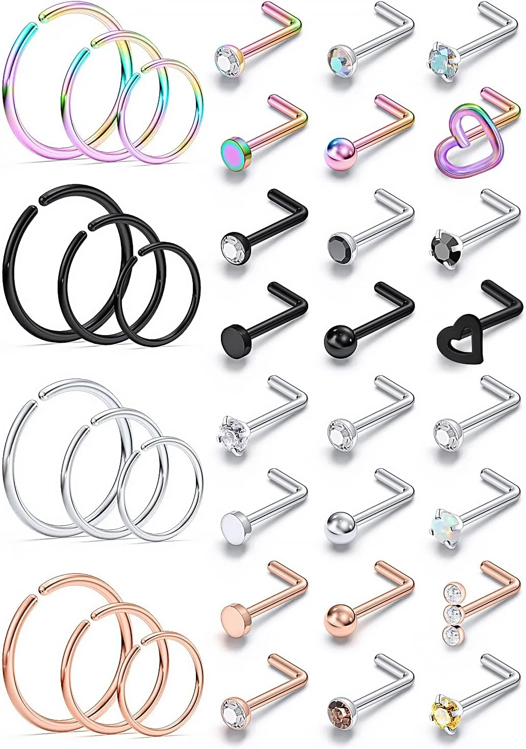 18G 20G 22G Nose Ring Studs Surgical Steel L Shaped Nose Studs Nose Rings Hoop Diamond Heart Cute Hypoallergenic Nostril Piercing Jewelry Silver Rose Gold Black Rainbow Nose Jewelry