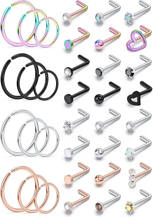 18G 20G 22G Nose Ring Studs Surgical Steel L Shaped Nose Studs Nose Rings Hoop Diamond Heart Cute Hypoallergenic Nostril Piercing Jewelry Silver Rose Gold Black Rainbow Nose Jewelry