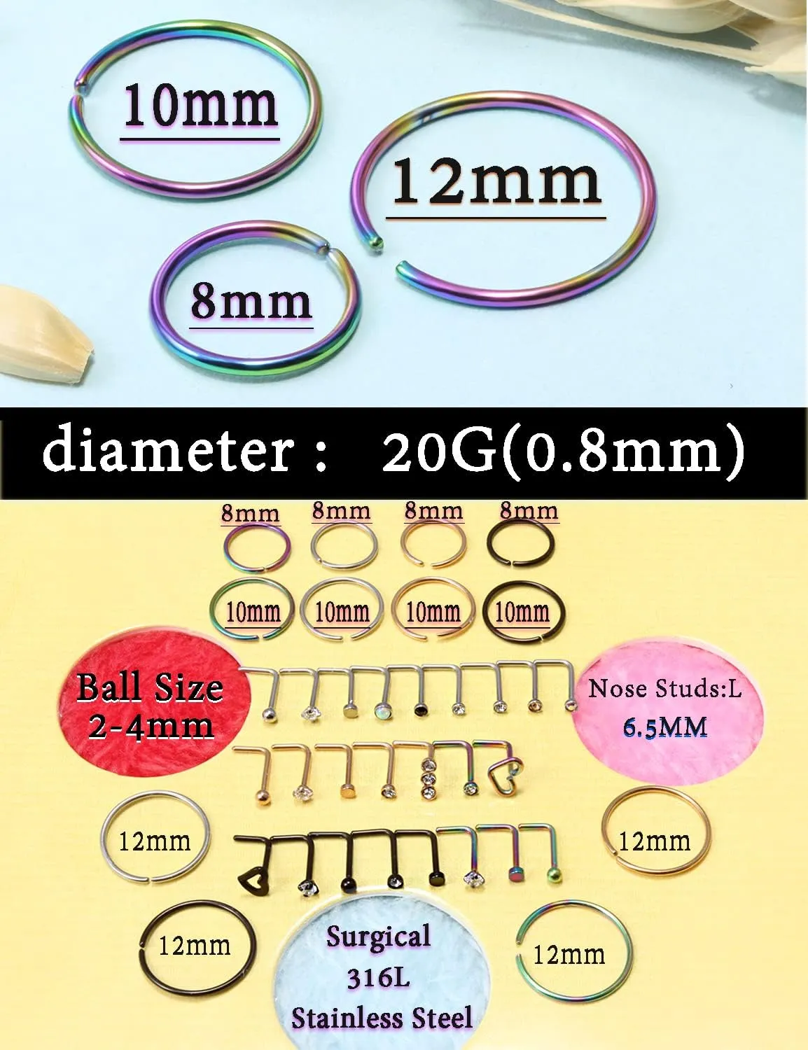 18G 20G 22G Nose Ring Studs Surgical Steel L Shaped Nose Studs Nose Rings Hoop Diamond Heart Cute Hypoallergenic Nostril Piercing Jewelry Silver Rose Gold Black Rainbow Nose Jewelry