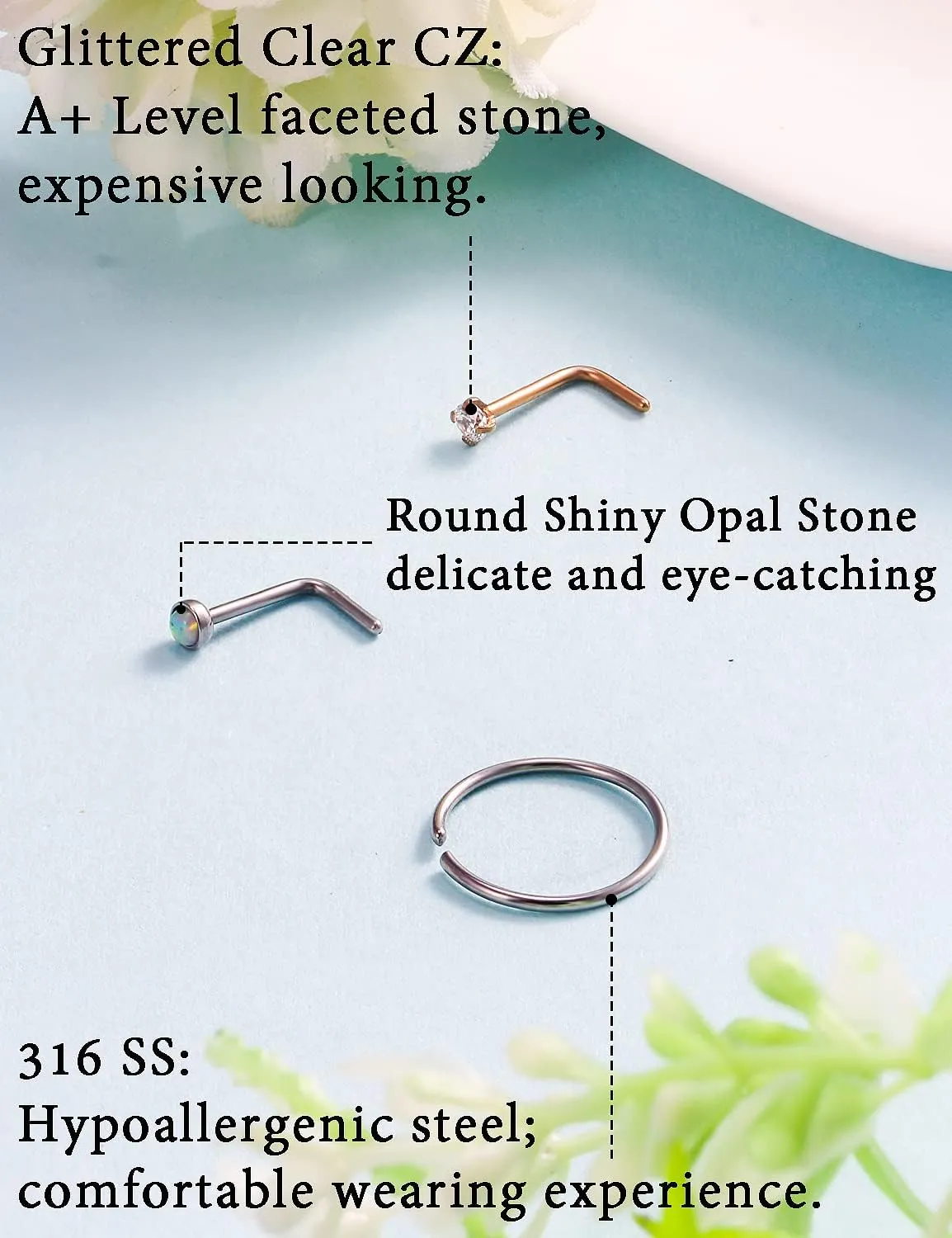 18G 20G 22G Nose Ring Studs Surgical Steel L Shaped Nose Studs Nose Rings Hoop Diamond Heart Cute Hypoallergenic Nostril Piercing Jewelry Silver Rose Gold Black Rainbow Nose Jewelry