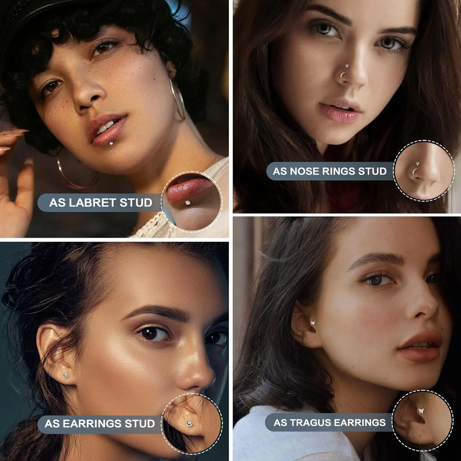 18G Threadless Nose Studs For Women Men - Hypoallergenic 316L Surgical Steel Nose Rings Hoop CZ Lip Labret Septum Medusa Nose Rings Studs Push In Flat Back Earrings Cartilage Helix Conch Nostril Tragus Piercing Jewelry