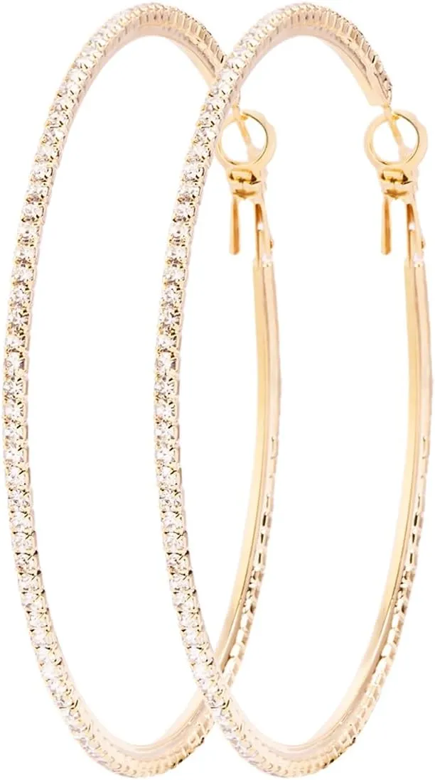 18K Gold Plated Large Rhinestone Hoop Earrings for Women - Womens Simulated Diamond Big Circle Hoop Earrings, 40/50/60mm Gold Round Hoop Earrings, 925 Sterling Silver Post for Women Jewelry Gift