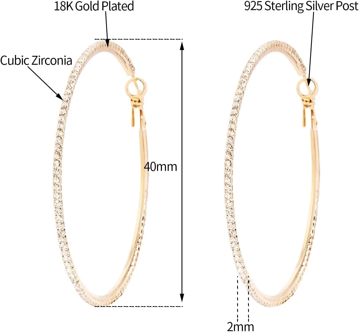 18K Gold Plated Large Rhinestone Hoop Earrings for Women - Womens Simulated Diamond Big Circle Hoop Earrings, 40/50/60mm Gold Round Hoop Earrings, 925 Sterling Silver Post for Women Jewelry Gift