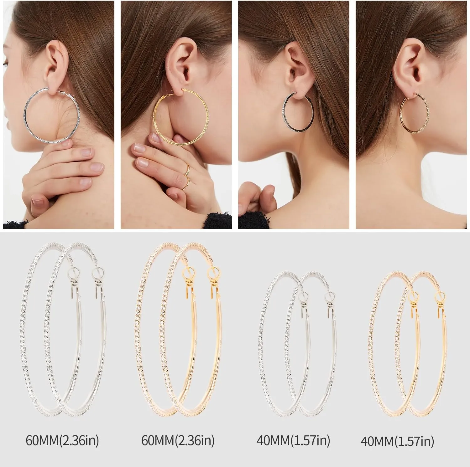 18K Gold Plated Large Rhinestone Hoop Earrings for Women - Womens Simulated Diamond Big Circle Hoop Earrings, 40/50/60mm Gold Round Hoop Earrings, 925 Sterling Silver Post for Women Jewelry Gift