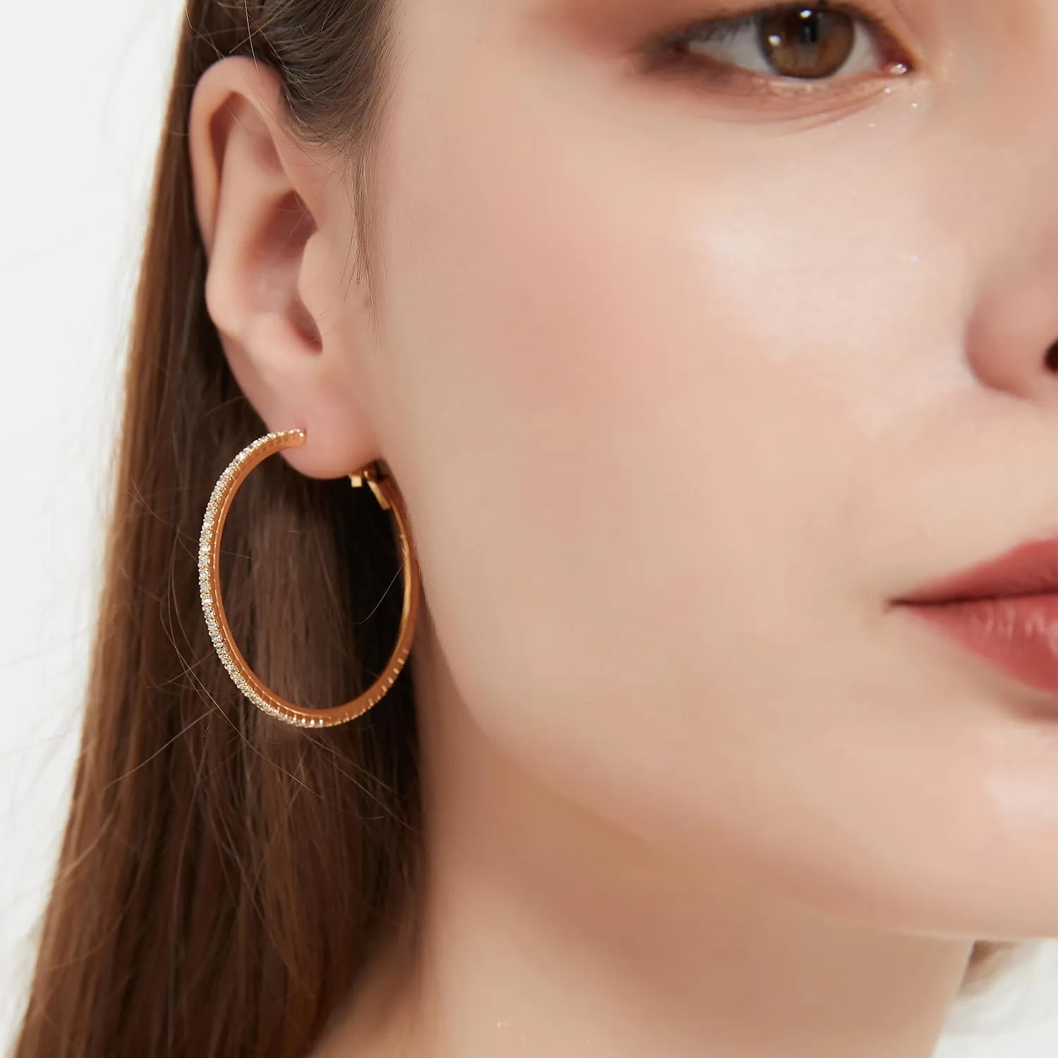 18K Gold Plated Large Rhinestone Hoop Earrings for Women - Womens Simulated Diamond Big Circle Hoop Earrings, 40/50/60mm Gold Round Hoop Earrings, 925 Sterling Silver Post for Women Jewelry Gift