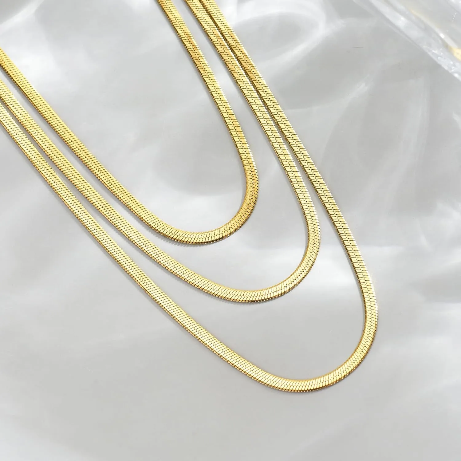 18K Gold Plated Layered Herringbone Necklaces for Women Dainty Layering Beaded Snake Chain Choker Moon Coin Pendant Necklace Trendy Stainless Steel Jewelry