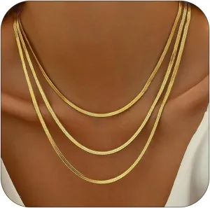 18K Gold Plated Layered Herringbone Necklaces for Women Dainty Layering Beaded Snake Chain Choker Moon Coin Pendant Necklace Trendy Stainless Steel Jewelry