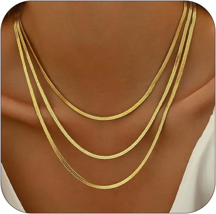 18K Gold Plated Layered Herringbone Necklaces for Women Dainty Layering Beaded Snake Chain Choker Moon Coin Pendant Necklace Trendy Stainless Steel Jewelry