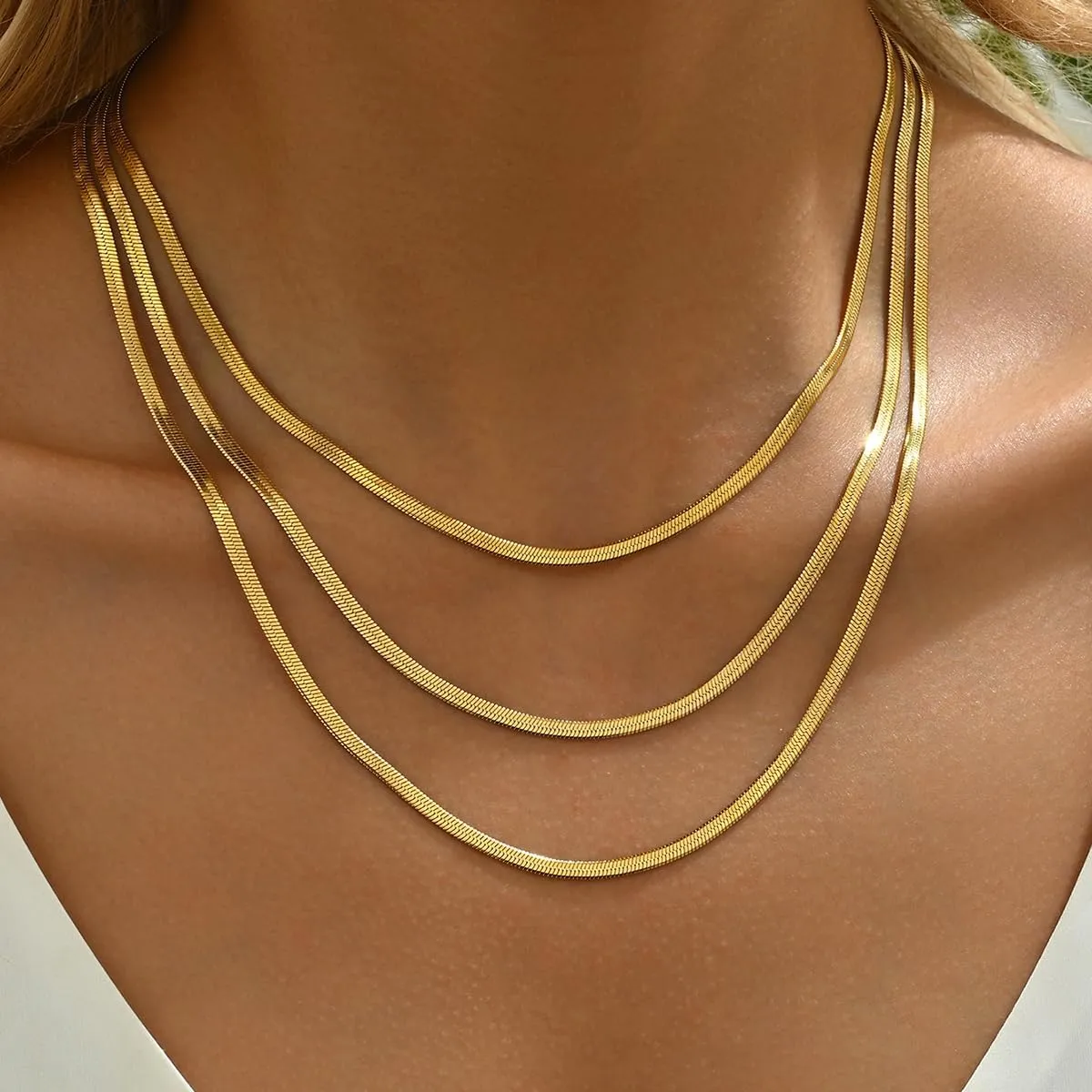 18K Gold Plated Layered Herringbone Necklaces for Women Dainty Layering Beaded Snake Chain Choker Moon Coin Pendant Necklace Trendy Stainless Steel Jewelry