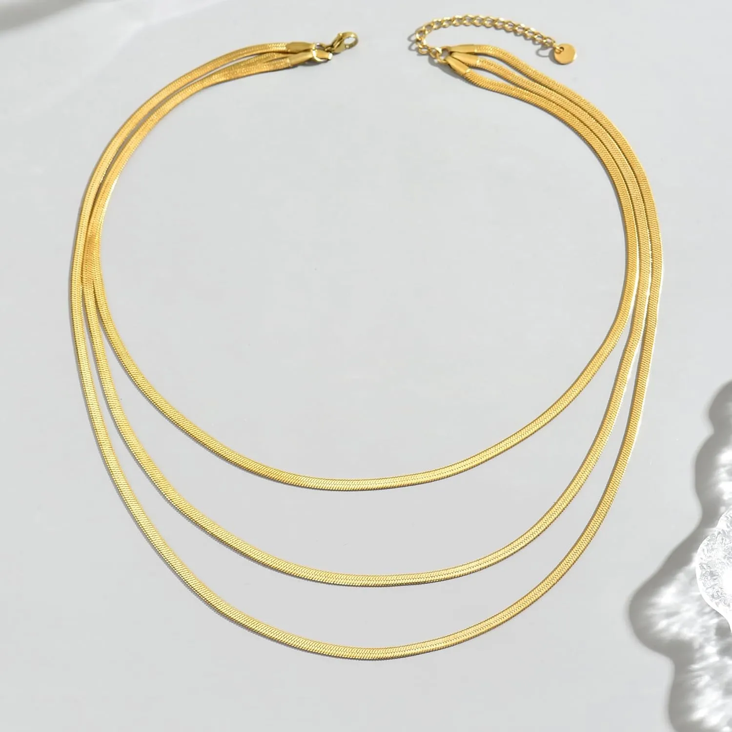 18K Gold Plated Layered Herringbone Necklaces for Women Dainty Layering Beaded Snake Chain Choker Moon Coin Pendant Necklace Trendy Stainless Steel Jewelry