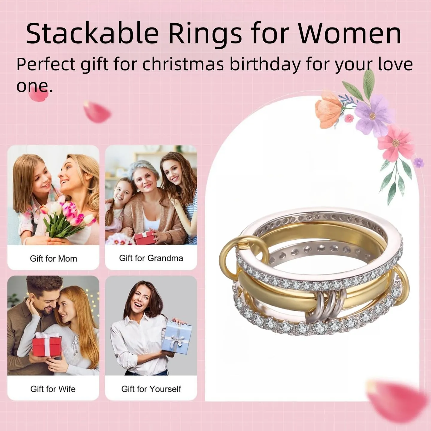 18K Gold Plated Stackable Rings for Women Cubic Zirconia Ring Promise Rings Set Dainty Bands Jewelry for Christmas Valentine's Day