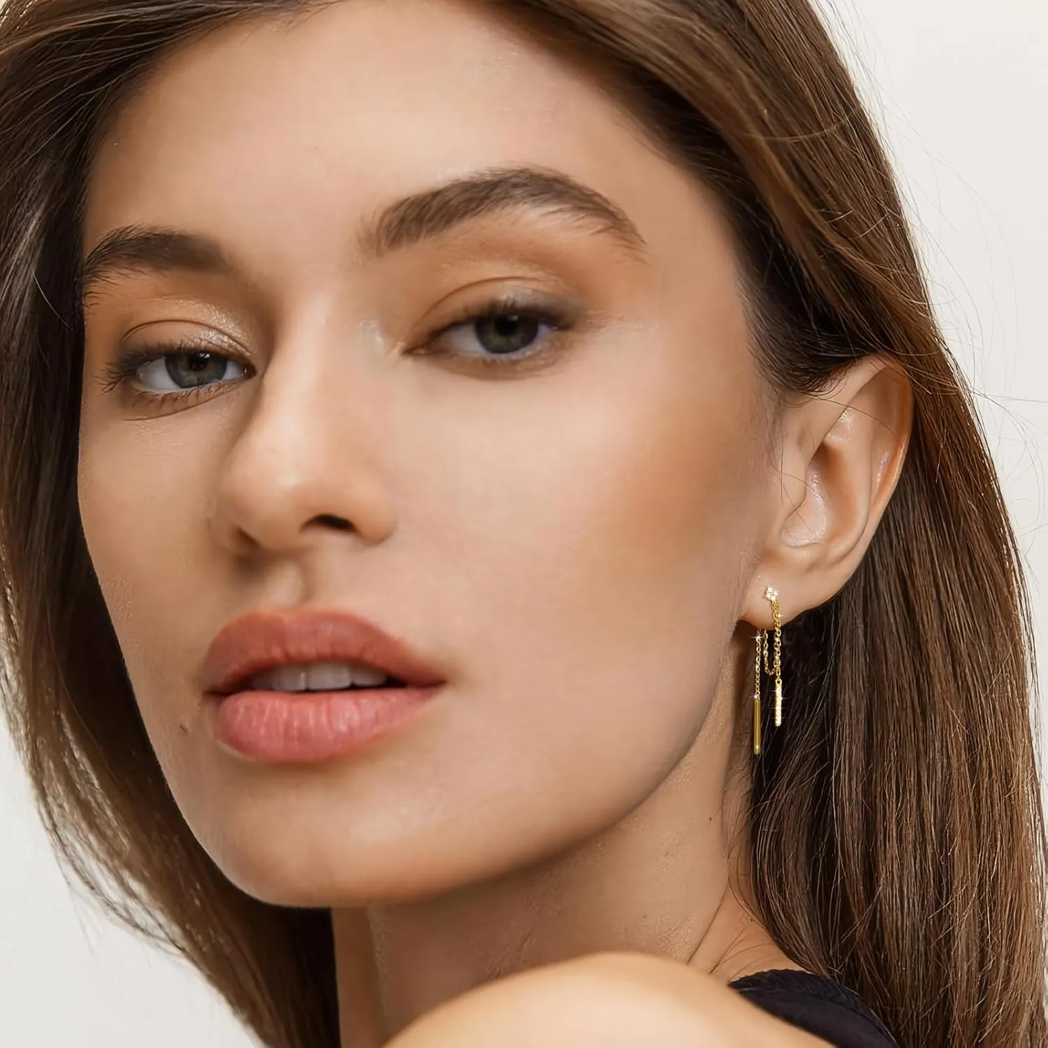 18K Gold Plated Sterling Silver Posts Four Zircons Flower Drop Dangle Chain Earrings for Women | Dangling Chain Studs | Four Cubic Zirconia Flower Threader Earscapes Earrings Gifts for Women