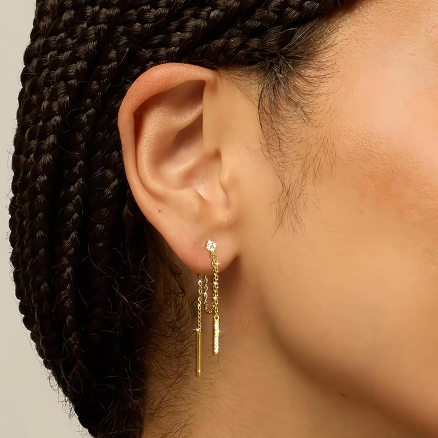 18K Gold Plated Sterling Silver Posts Four Zircons Flower Drop Dangle Chain Earrings for Women | Dangling Chain Studs | Four Cubic Zirconia Flower Threader Earscapes Earrings Gifts for Women