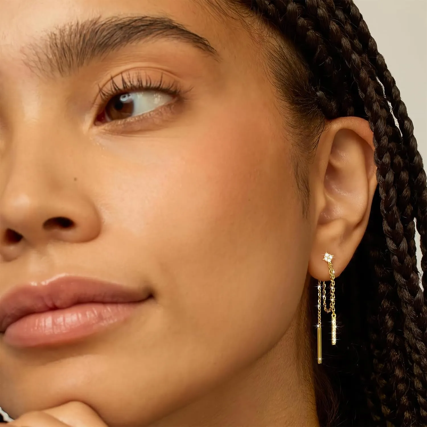 18K Gold Plated Sterling Silver Posts Four Zircons Flower Drop Dangle Chain Earrings for Women | Dangling Chain Studs | Four Cubic Zirconia Flower Threader Earscapes Earrings Gifts for Women