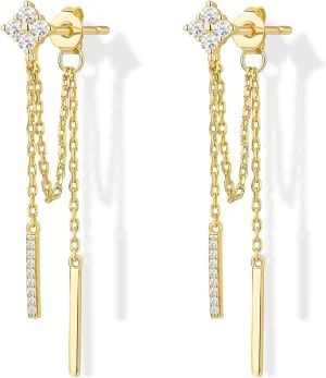 18K Gold Plated Sterling Silver Posts Four Zircons Flower Drop Dangle Chain Earrings for Women | Dangling Chain Studs | Four Cubic Zirconia Flower Threader Earscapes Earrings Gifts for Women