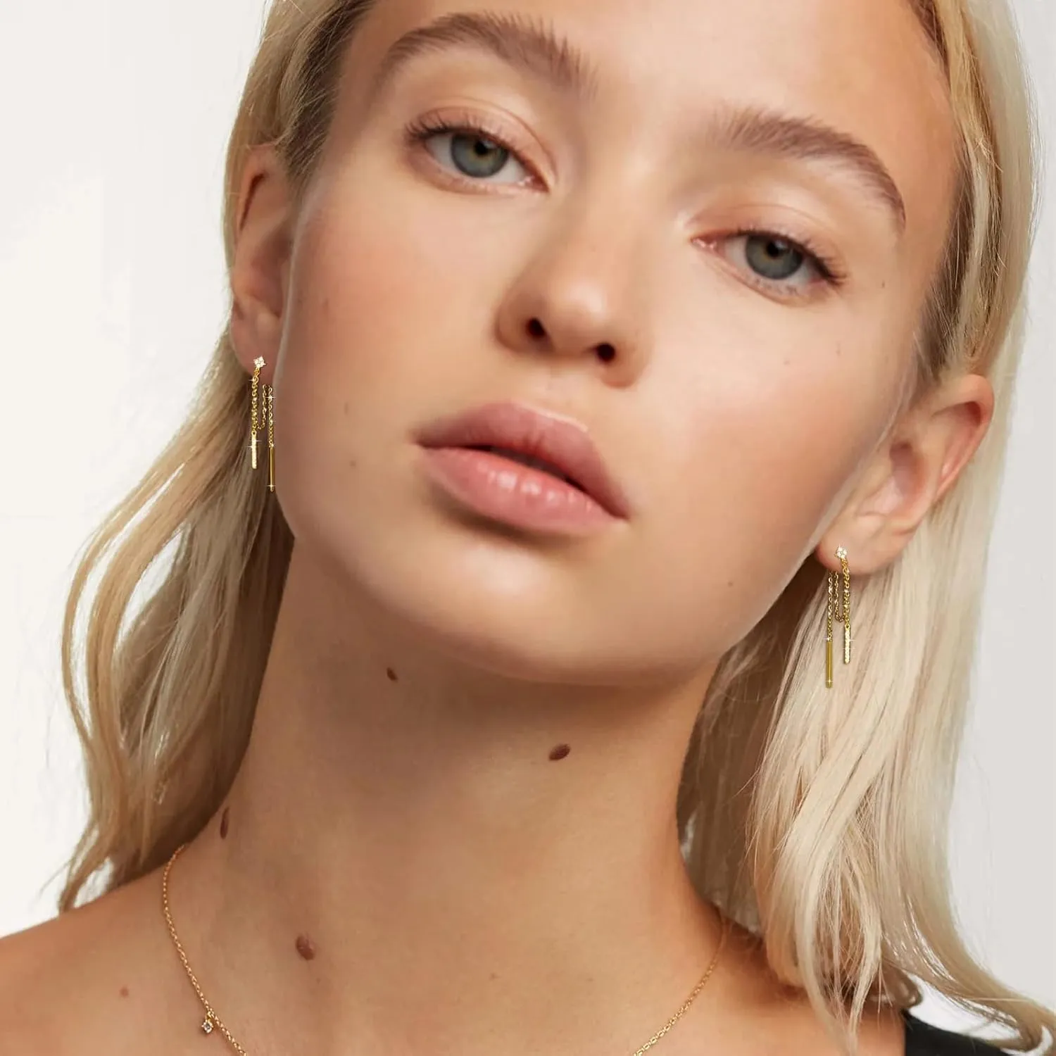 18K Gold Plated Sterling Silver Posts Four Zircons Flower Drop Dangle Chain Earrings for Women | Dangling Chain Studs | Four Cubic Zirconia Flower Threader Earscapes Earrings Gifts for Women