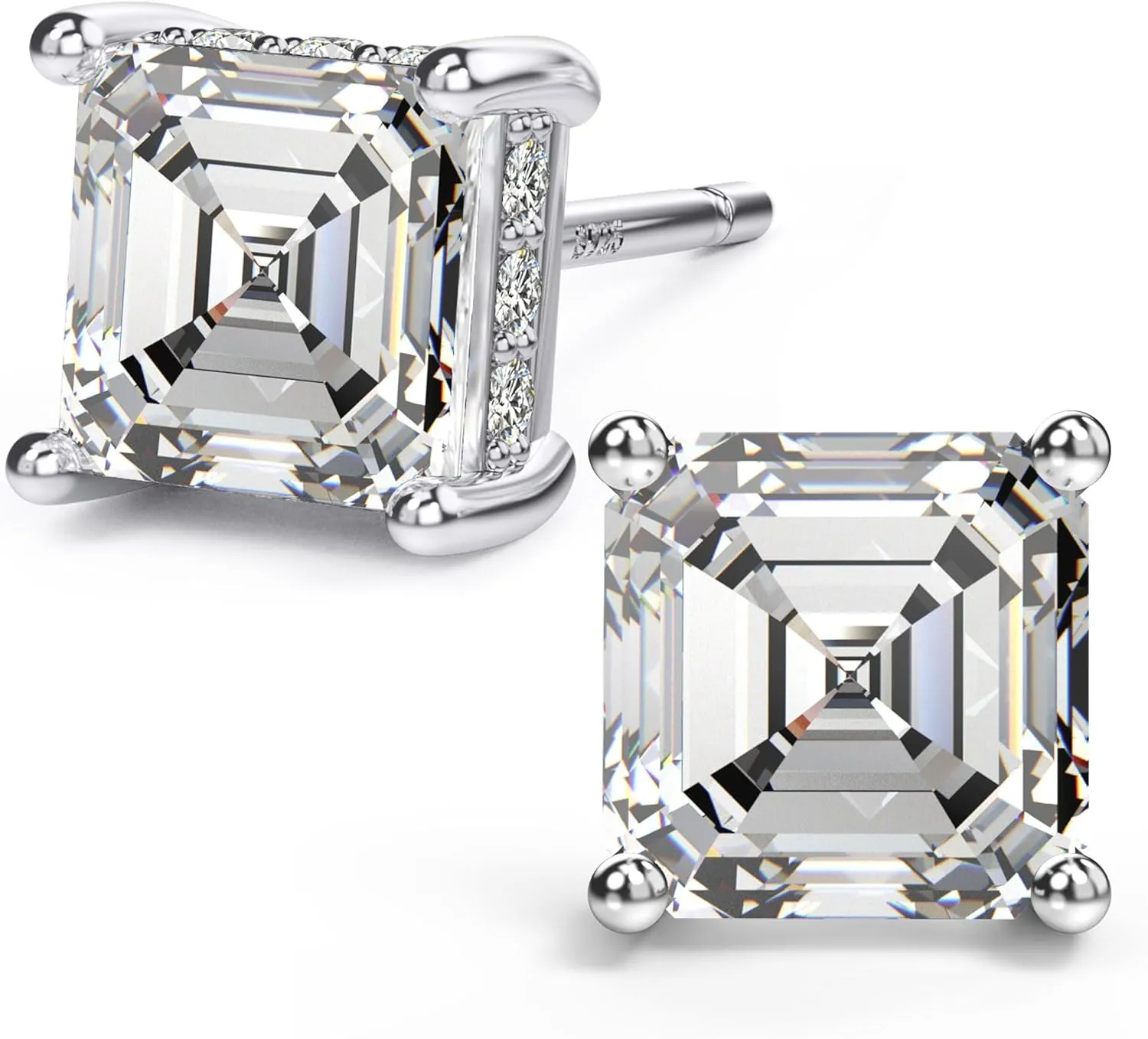18K White Gold Plated Sterling Silver Asscher Cut Cubic Zirconia Stud Earrings for Women Men | Square CZ Stud Earrings Simulated Diamond Earrings Studs