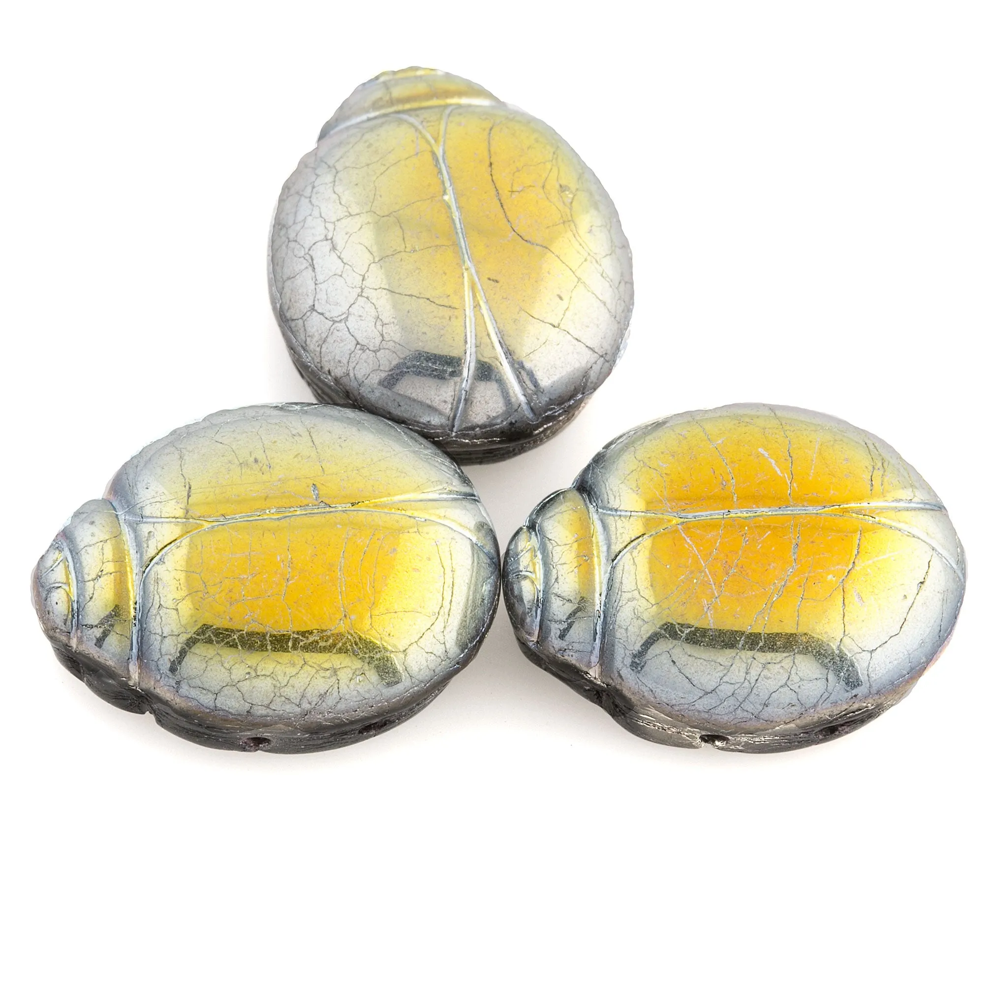 2-hole glass scarab bead with iridescent Marea crackle finish.  20x16x8mm. Pkg. 1.  b11-mi-2072