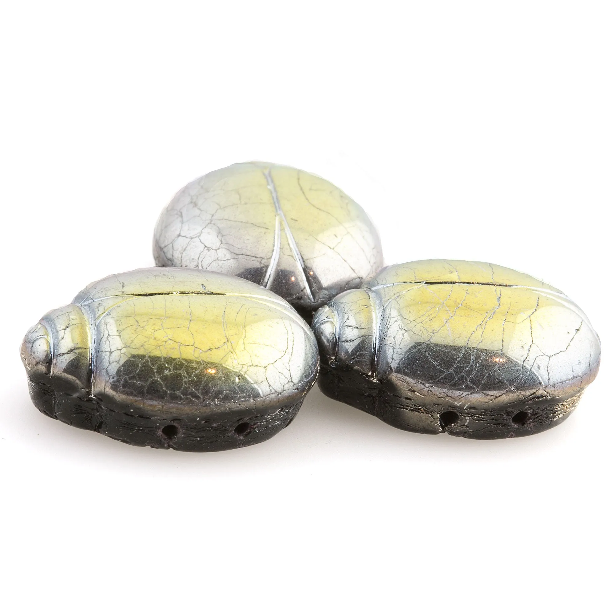 2-hole glass scarab bead with iridescent Marea crackle finish.  20x16x8mm. Pkg. 1.  b11-mi-2072