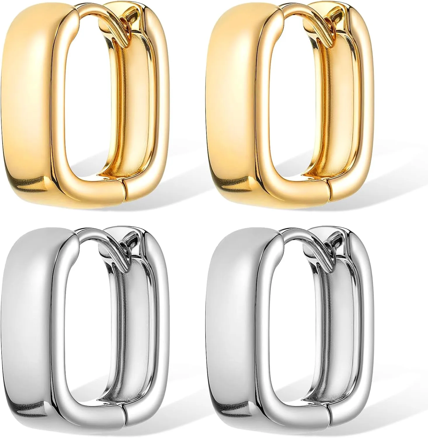 2 Pairs Small Chunky Square Hoop Earrings for Women, 925 Gold Sterling Small Thick Huggie Hoops, Minimalist U Huggie Hoop Earrings, Cute Silver Earing Jewelry for Women Gifts for Daily Wear