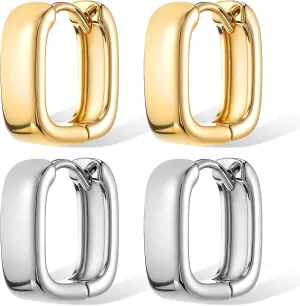 2 Pairs Small Chunky Square Hoop Earrings for Women, 925 Gold Sterling Small Thick Huggie Hoops, Minimalist U Huggie Hoop Earrings, Cute Silver Earing Jewelry for Women Gifts for Daily Wear