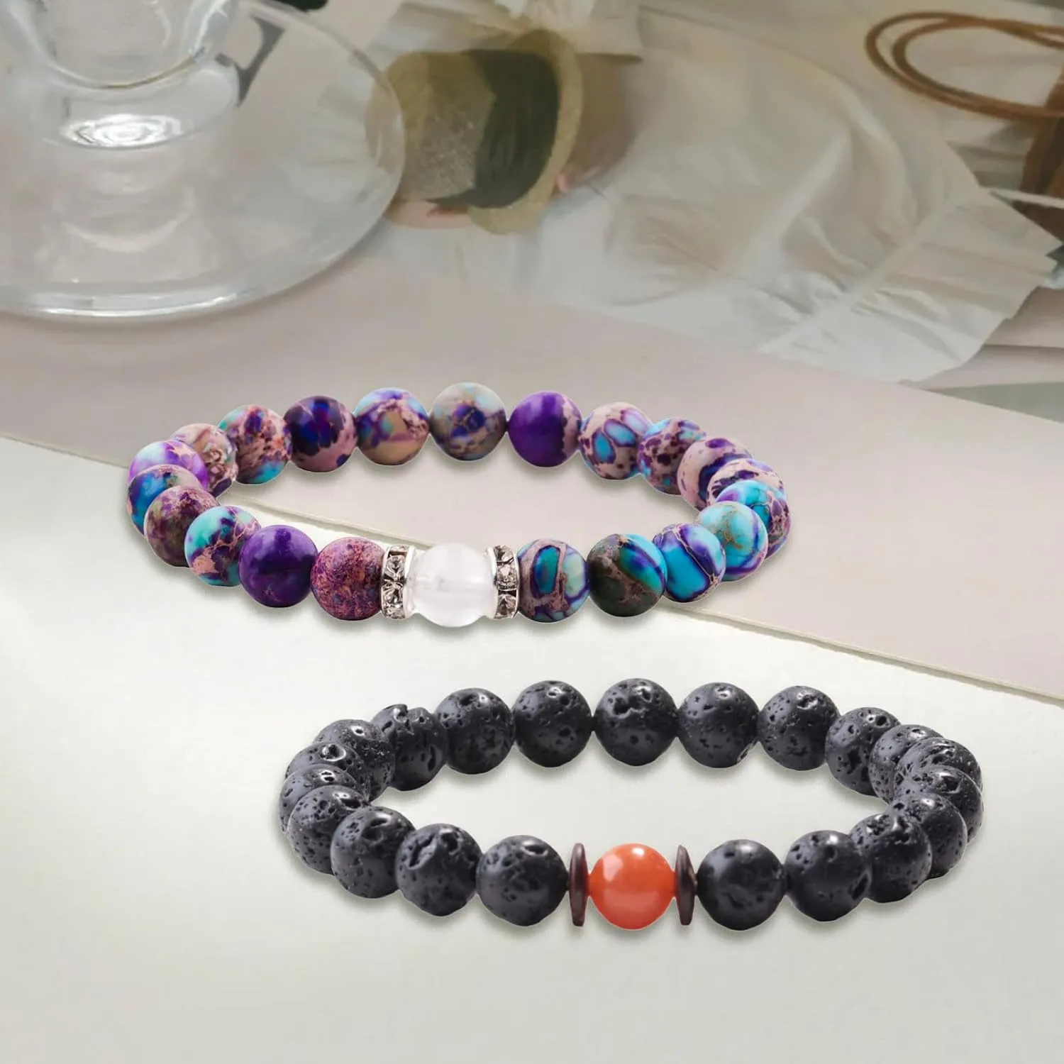 2 Pieces Couple Bracelets Natural Crystal Bracelet for Vows of Eternal love,Energy Stone Beads Bracelet Set Presents for Women Men