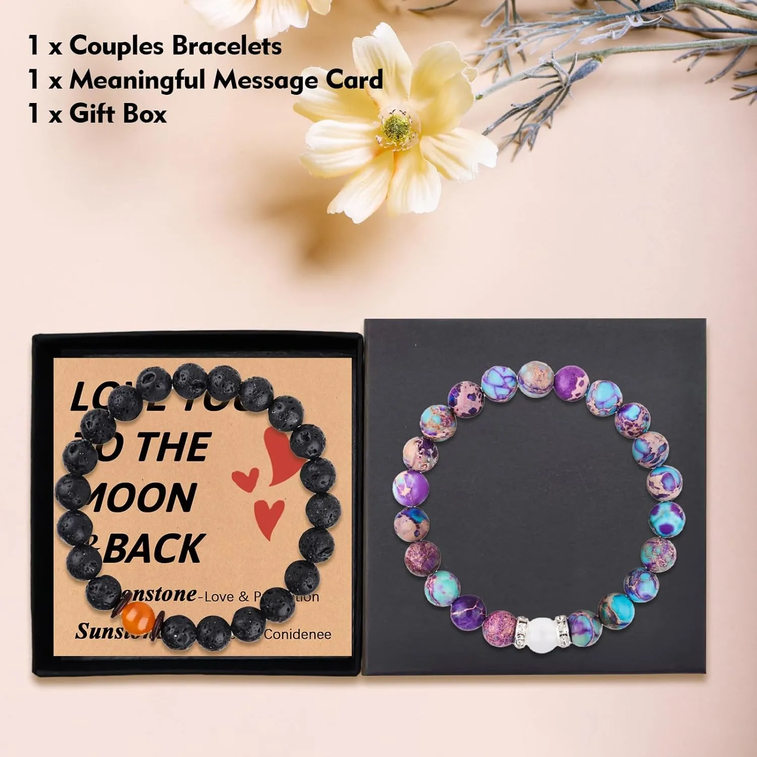 2 Pieces Couple Bracelets Natural Crystal Bracelet for Vows of Eternal love,Energy Stone Beads Bracelet Set Presents for Women Men