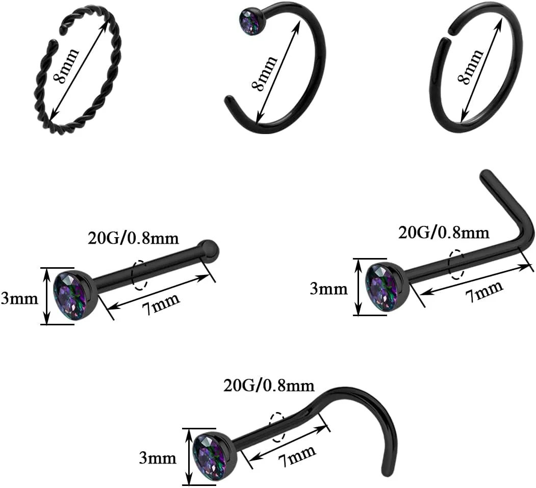 20 Gauge Nose Ring Hoop Stainless Steel Nose Rings for Women Men Round CZ L Shaped Nose Studs Nose Screw Bone Rings Set Nose Piercing Jewelry Hoops Nose Rings Silver Black 12Pcs