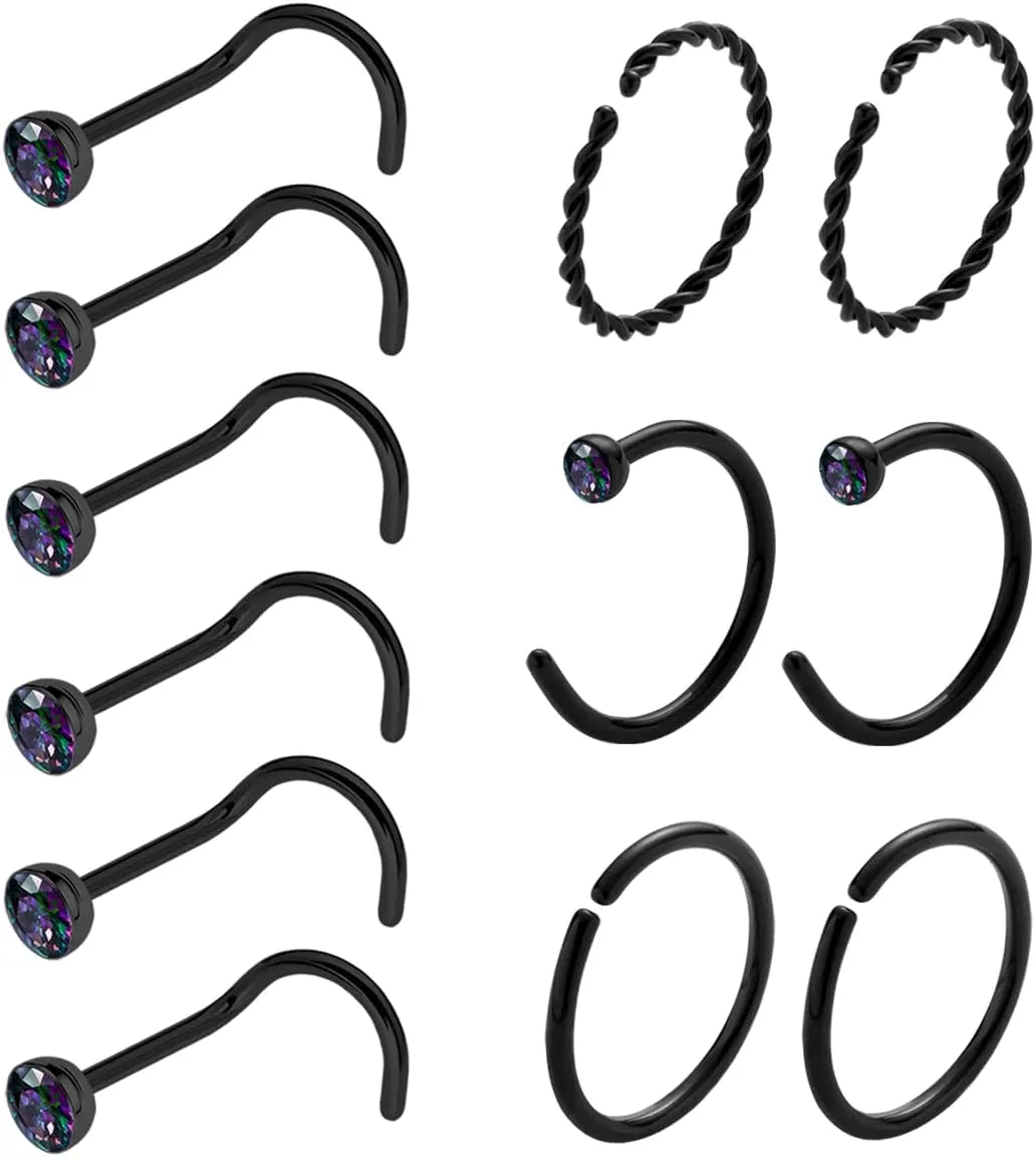 20 Gauge Nose Ring Hoop Stainless Steel Nose Rings for Women Men Round CZ L Shaped Nose Studs Nose Screw Bone Rings Set Nose Piercing Jewelry Hoops Nose Rings Silver Black 12Pcs