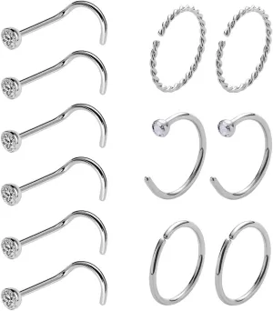 20 Gauge Nose Ring Hoop Stainless Steel Nose Rings for Women Men Round CZ L Shaped Nose Studs Nose Screw Bone Rings Set Nose Piercing Jewelry Hoops Nose Rings Silver Black 12Pcs