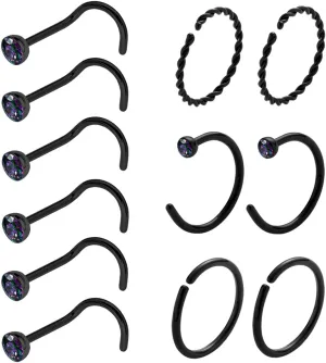 20 Gauge Nose Ring Hoop Stainless Steel Nose Rings for Women Men Round CZ L Shaped Nose Studs Nose Screw Bone Rings Set Nose Piercing Jewelry Hoops Nose Rings Silver Black 12Pcs