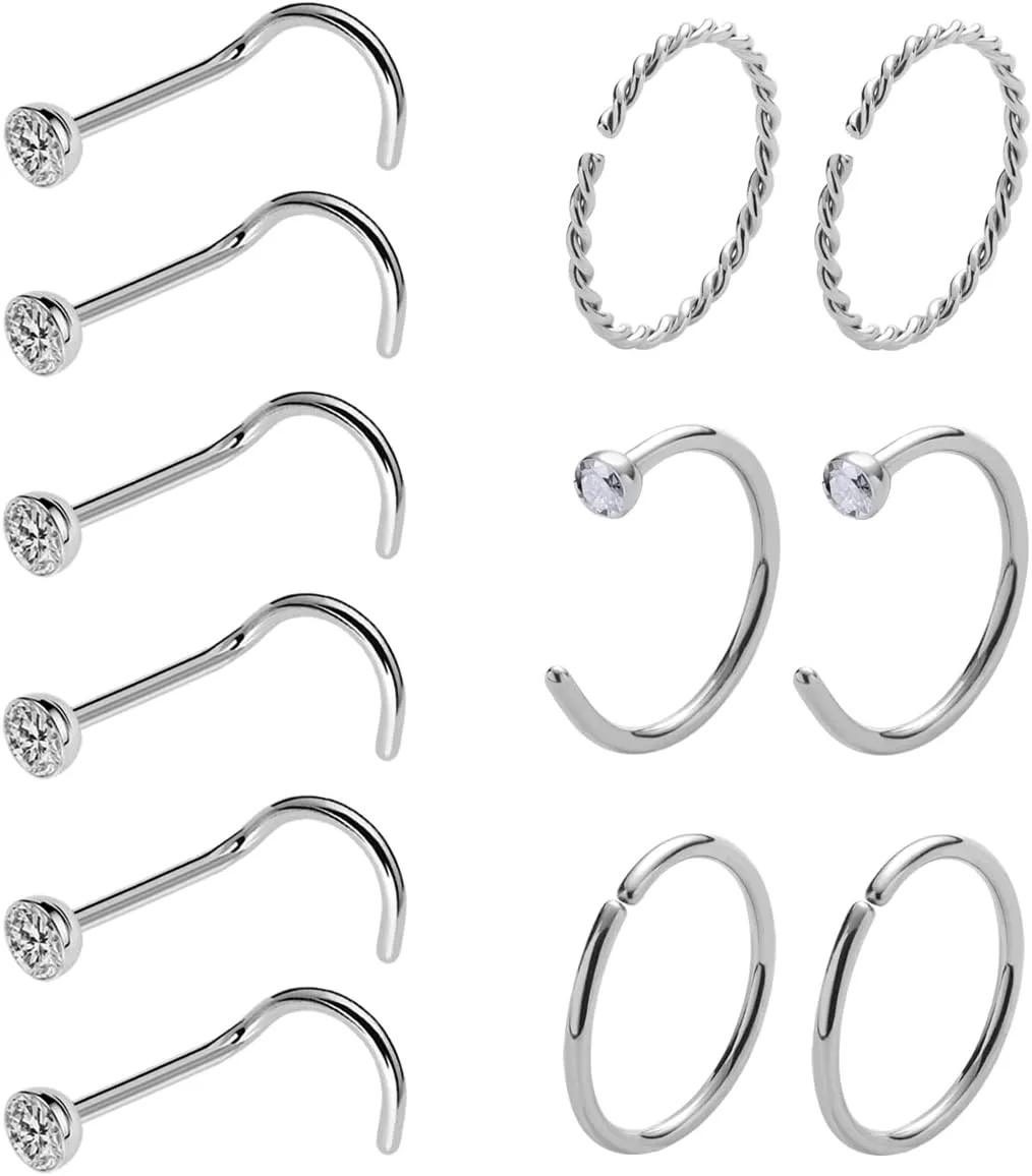 20 Gauge Nose Ring Hoop Stainless Steel Nose Rings for Women Men Round CZ L Shaped Nose Studs Nose Screw Bone Rings Set Nose Piercing Jewelry Hoops Nose Rings Silver Black 12Pcs