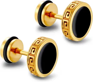 2025 Upgraded Hypoallergenic earrings for men,Mens surgical steel black stud earring jewelry,Great Wall wall grain round cake shape,Single black gel 0.4 inches wide
