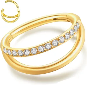 20G 18G 16G Surgical Steel Double Hoop Nose Ring for Single Piercing - Hypoallergenic 14K Real Gold Plated Hinged Segment Nose Rings | CZ Septum Clicker Jewelry | Small Cartilage Hoop Earrings Helix Conch Piercing Jewelry for Women Men