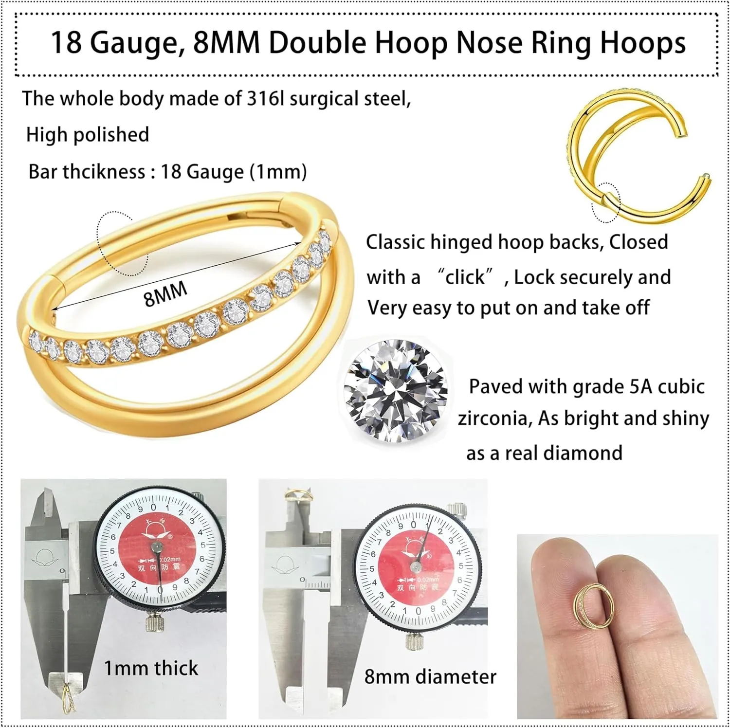 20G 18G 16G Surgical Steel Double Hoop Nose Ring for Single Piercing - Hypoallergenic 14K Real Gold Plated Hinged Segment Nose Rings | CZ Septum Clicker Jewelry | Small Cartilage Hoop Earrings Helix Conch Piercing Jewelry for Women Men