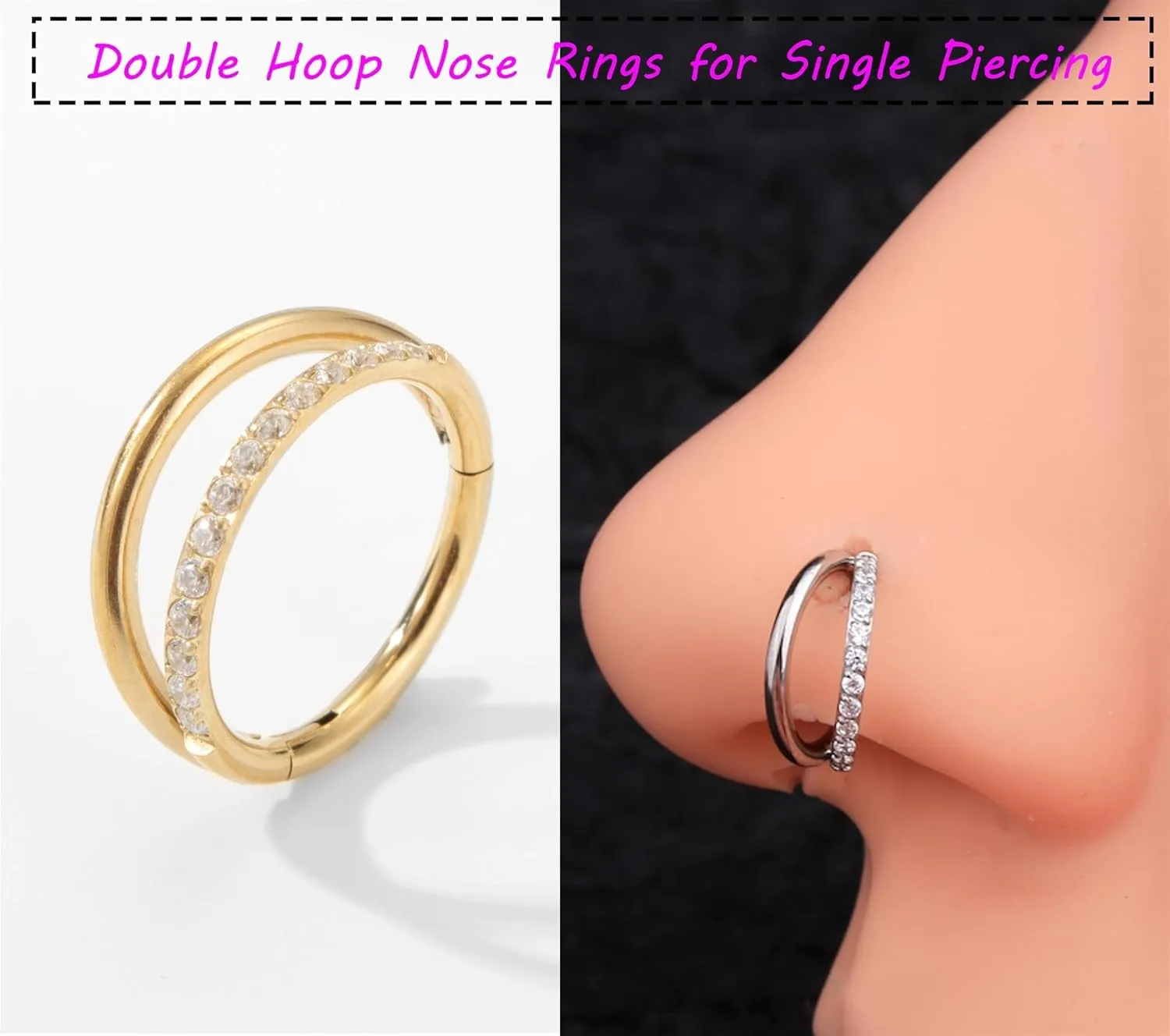 20G 18G 16G Surgical Steel Double Hoop Nose Ring for Single Piercing - Hypoallergenic 14K Real Gold Plated Hinged Segment Nose Rings | CZ Septum Clicker Jewelry | Small Cartilage Hoop Earrings Helix Conch Piercing Jewelry for Women Men