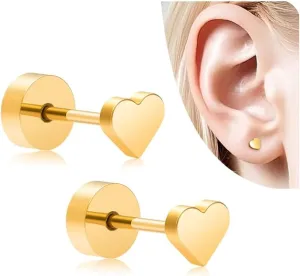 20G Women Flat Back Heart Earrings Titanium Hypoallergenic Cartilage Earrings Stud 6mm