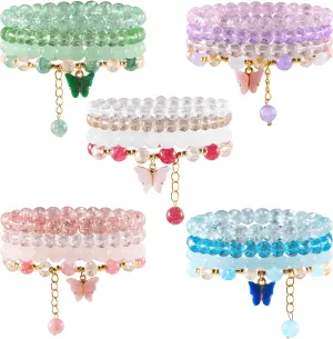 20Pcs Beaded Crystal Bracelets for Women, Aesthetic Cute Boho Chakra Bead Stackable Bracelet Butterfly Charm Pink Green Blue White Purple Glass Stones Gold Beads Jewelry Set Pack Bulk