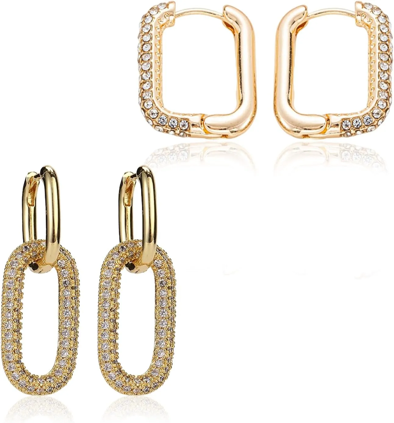 2Pairs Gold Cubic Zirconia Chunky Hoop Earrings for Women Lightweight Hollow Rectangle Drop Hoops Earring Fashion Hypoallergenic Jewelry for Women