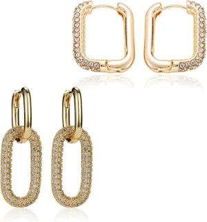 2Pairs Gold Cubic Zirconia Chunky Hoop Earrings for Women Lightweight Hollow Rectangle Drop Hoops Earring Fashion Hypoallergenic Jewelry for Women
