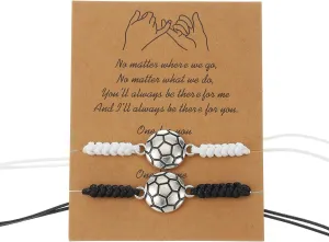 2Pcs Ball Sports Bracelets Set Black White Football Rugby Basketball Soccer Baseball Braided Couple Friendship Bracelet Ball Sports Fan Gifts for Women Men-Soccer