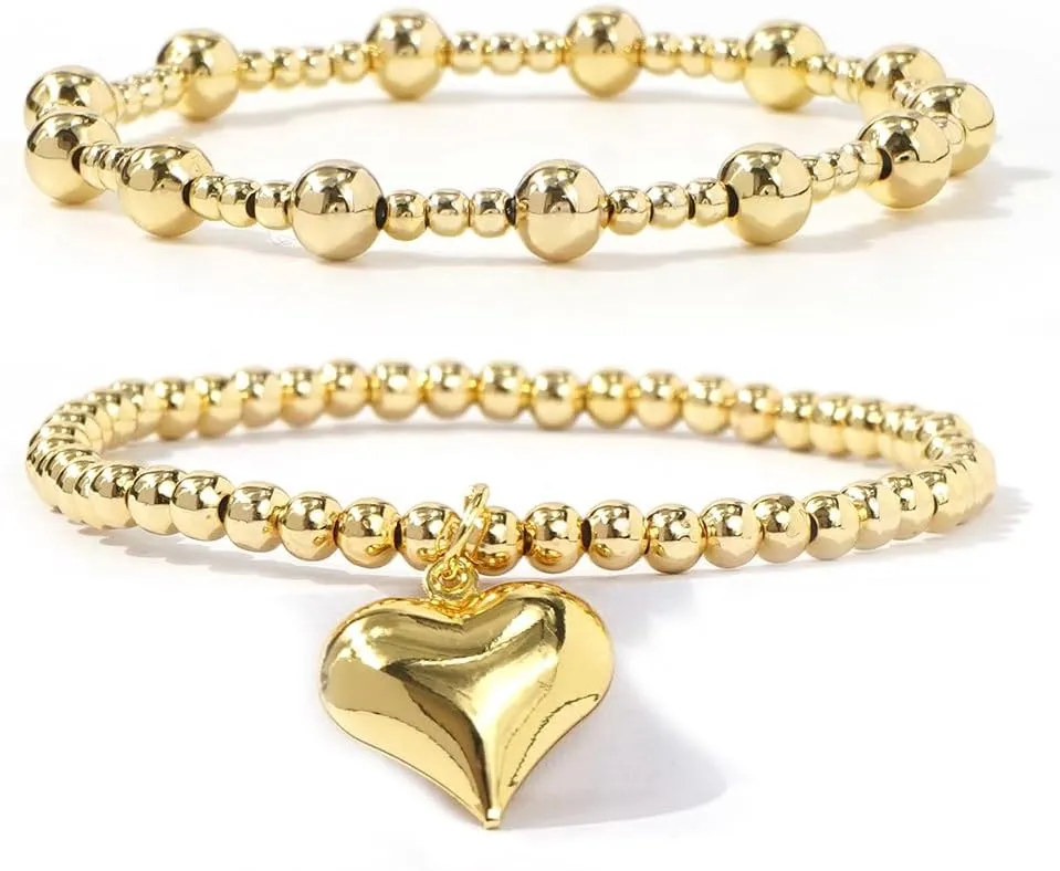 2PCS Dainty Heart Gold Plated Beaded Stretch Bracelet Set for Women,Handmade Boho Gold Stackable Bracelet Trendy Prom Jewelry Gift Friendship for Her