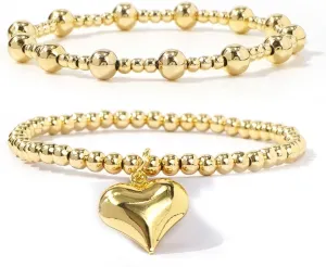 2PCS Dainty Heart Gold Plated Beaded Stretch Bracelet Set for Women,Handmade Boho Gold Stackable Bracelet Trendy Prom Jewelry Gift Friendship for Her