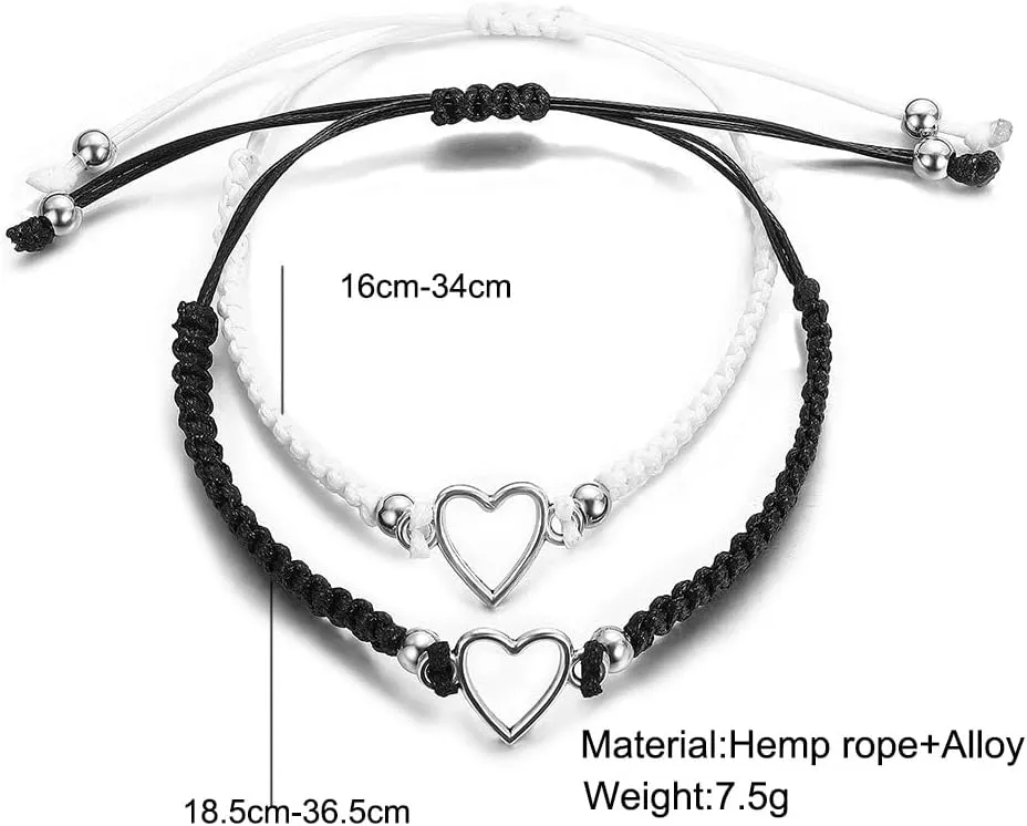 2pcs Heart Shaped Couple Bracelets Love Heart White Black Rope Couple Bracelet Heart Shaped Handmade Braid Adjustable Bracelet Valentine Couple Friendship Bracelets Gift for Women Men Jewelry