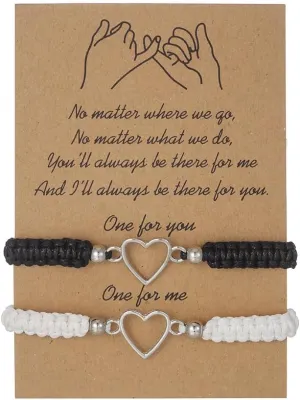 2pcs Heart Shaped Couple Bracelets Love Heart White Black Rope Couple Bracelet Heart Shaped Handmade Braid Adjustable Bracelet Valentine Couple Friendship Bracelets Gift for Women Men Jewelry