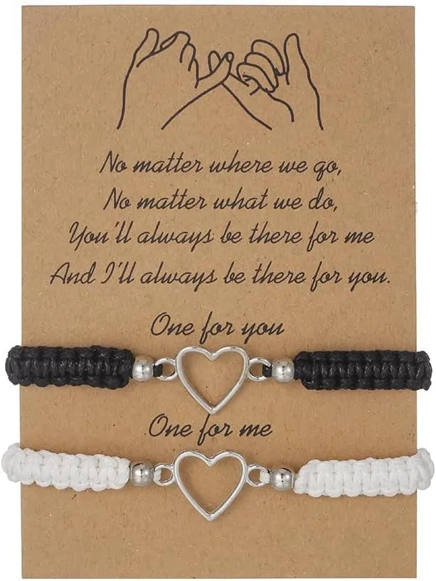 2pcs Heart Shaped Couple Bracelets Love Heart White Black Rope Couple Bracelet Heart Shaped Handmade Braid Adjustable Bracelet Valentine Couple Friendship Bracelets Gift for Women Men Jewelry
