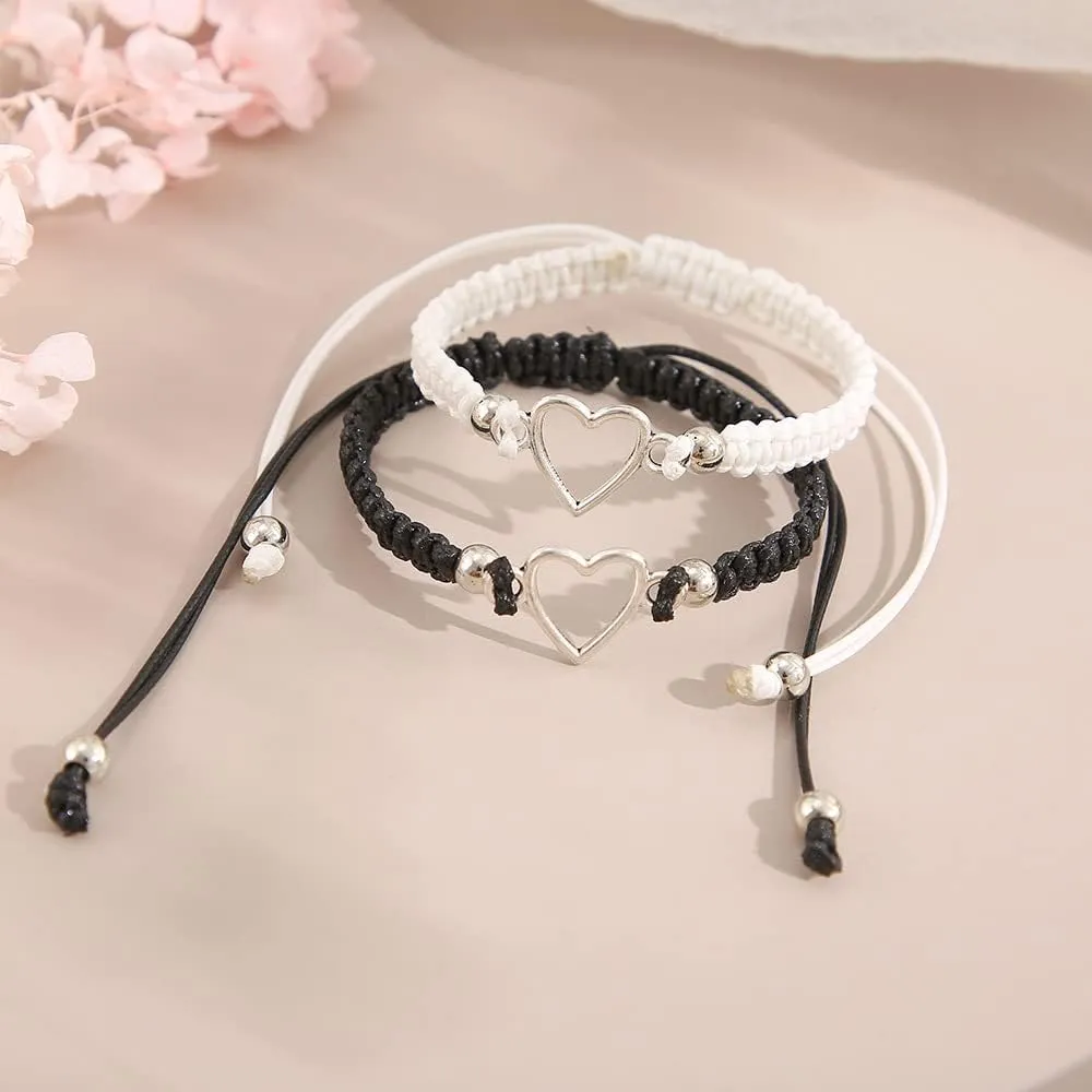 2pcs Heart Shaped Couple Bracelets Love Heart White Black Rope Couple Bracelet Heart Shaped Handmade Braid Adjustable Bracelet Valentine Couple Friendship Bracelets Gift for Women Men Jewelry