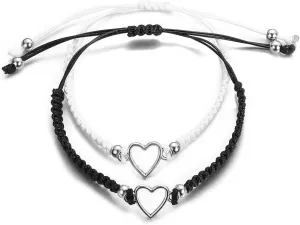 2pcs Heart Shaped Couple Bracelets Love Heart White Black Rope Couple Bracelet Heart Shaped Handmade Braid Adjustable Bracelet Valentine Couple Friendship Bracelets Gift for Women Men Jewelry